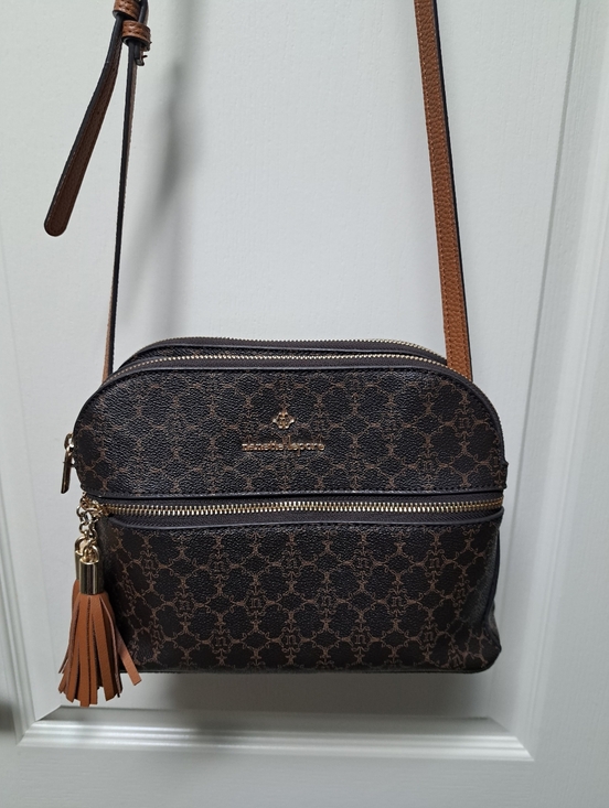Nanette Lepore Handbags - Nanette Lepore, brown and tan crossbody with tan strap and tassel